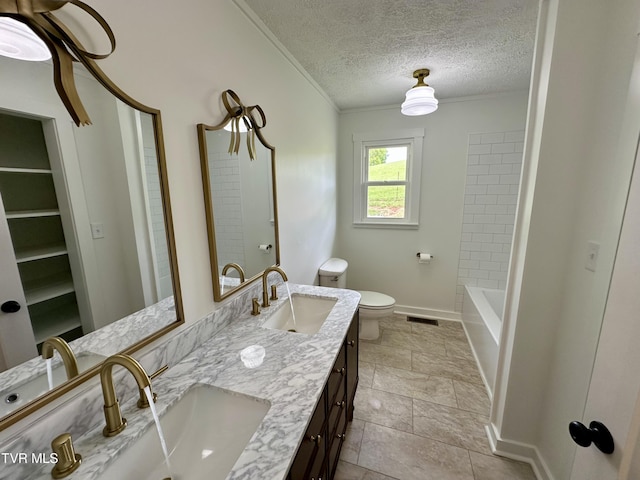 8467 Rich Valley Rd, Bristol, VA 24202 - full bath featuring ornamental molding, baseboards, toilet, a textured ceiling, and double vanity