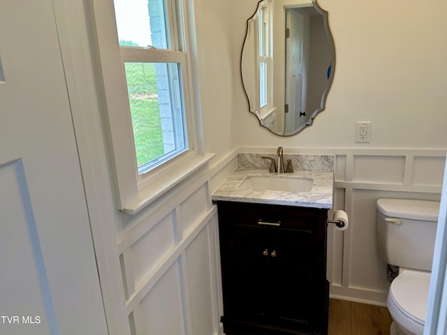 8467 Rich Valley Rd, Bristol, VA 24202 - half bath with a decorative wall, toilet, vanity, wainscoting, and wood finished floors