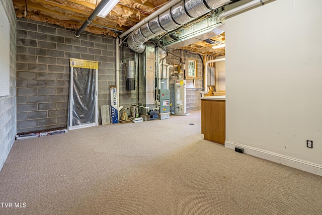 15127 Stonewall Rdg, Bristol, VA 24202 - unfinished basement with water heater, carpet flooring, heating unit, and concrete block wall
