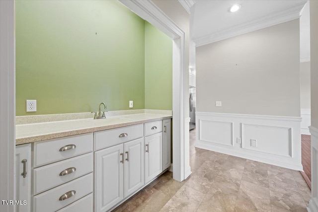 15127 Stonewall Rdg, Bristol, VA 24202 - bathroom featuring ornamental molding, vanity, and a wainscoted wall
