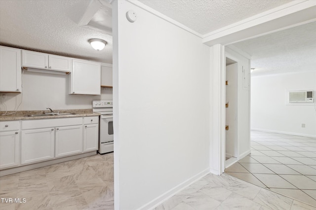 2504 Fort Henry Dr, Kingsport, TN 37664 - kitchen with white range with electric stovetop, a textured ceiling, a sink, white cabinets, and a wall mounted AC