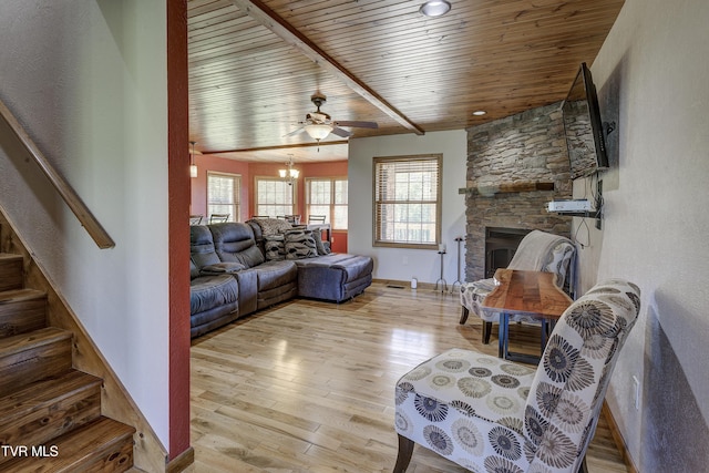 138 Ray Cemetery Rd, Roan Mountain, TN 37687 - living area featuring stairs, a fireplace, light wood-style flooring, wood ceiling, and ceiling fan
