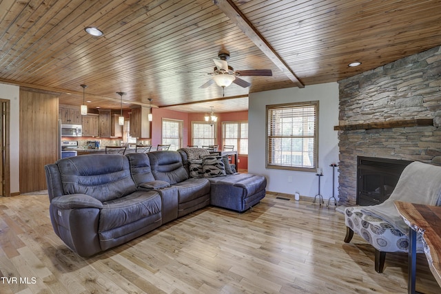 138 Ray Cemetery Rd, Roan Mountain, TN 37687 - living room featuring wooden ceiling, a ceiling fan, light wood-style floors, a stone fireplace, and baseboards