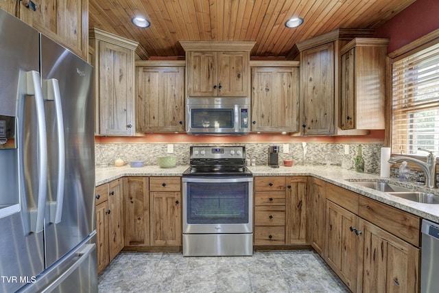 138 Ray Cemetery Rd, Roan Mountain, TN 37687 - kitchen featuring appliances with stainless steel finishes, a sink, backsplash, wooden ceiling, and light stone counters