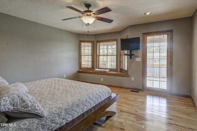 138 Ray Cemetery Rd, Roan Mountain, TN 37687 - bedroom with multiple windows, light wood finished floors, access to outside, a textured ceiling, and baseboards