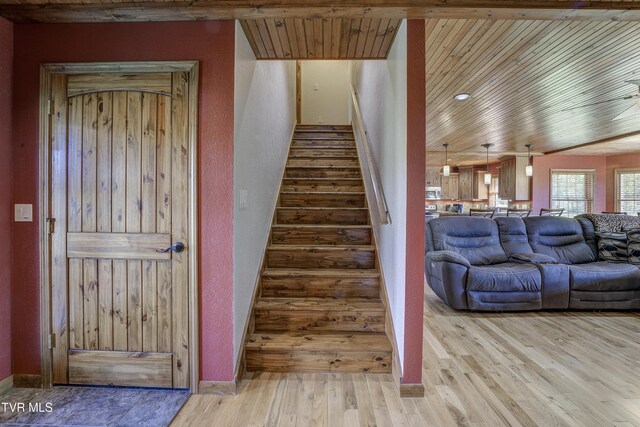 138 Ray Cemetery Rd, Roan Mountain, TN 37687 - stairway featuring wood ceiling, wood finished floors, and a textured wall