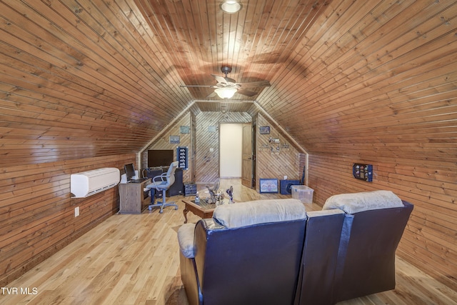 138 Ray Cemetery Rd, Roan Mountain, TN 37687 - living room featuring wooden walls, wood ceiling, ceiling fan, wood-type flooring, and lofted ceiling