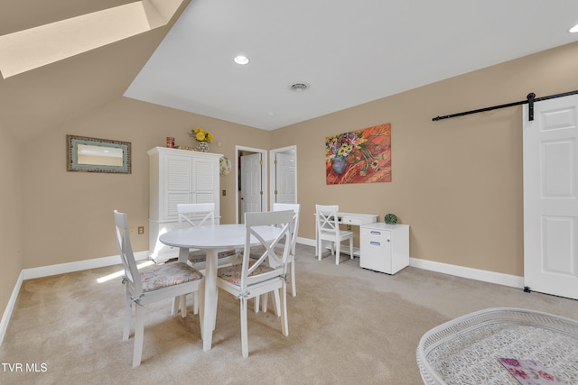 1905 Martin Rd, Limestone, TN 37681 - dining space featuring light carpet, baseboards, a barn door, recessed lighting, and lofted ceiling