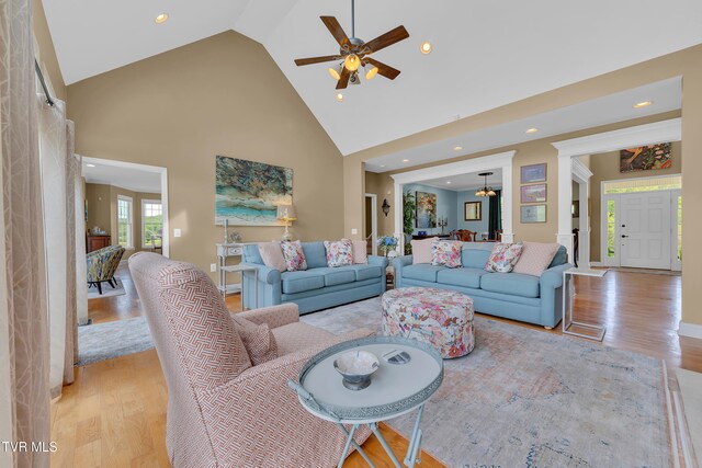1905 Martin Rd, Limestone, TN 37681 - living room with light wood-style flooring, high vaulted ceiling, ceiling fan, recessed lighting, and baseboards