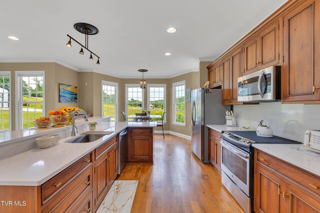 1905 Martin Rd, Limestone, TN 37681 - kitchen featuring appliances with stainless steel finishes, a sink, crown molding, brown cabinets, and light countertops