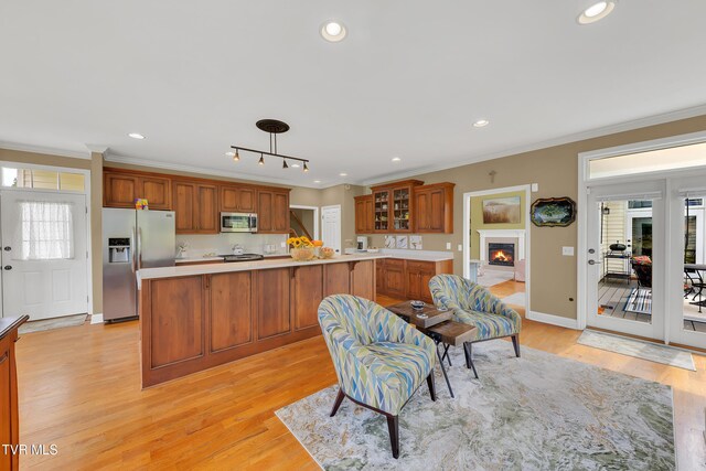 1905 Martin Rd, Limestone, TN 37681 - kitchen with appliances with stainless steel finishes, a glass covered fireplace, light countertops, ornamental molding, and light wood-type flooring