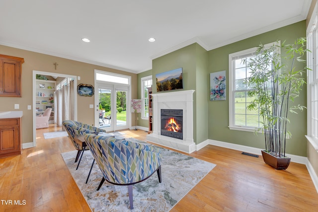 1905 Martin Rd, Limestone, TN 37681 - living room featuring ornamental molding, a glass covered fireplace, light wood-type flooring, plenty of natural light, and recessed lighting