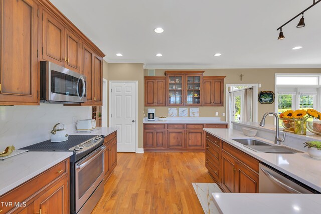 1905 Martin Rd, Limestone, TN 37681 - kitchen featuring stainless steel appliances, a sink, brown cabinets, crown molding, and light countertops
