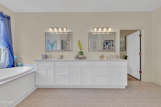 1905 Martin Rd, Limestone, TN 37681 - bathroom with tile patterned flooring, a garden tub, double vanity, a shower with shower curtain, and baseboards