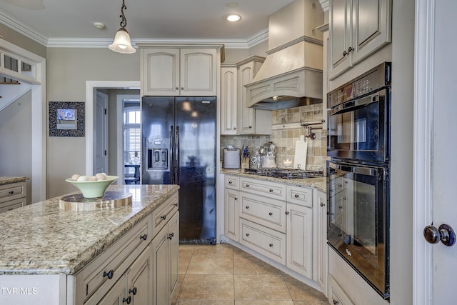 2909 Greenline Rd, Johnson City, TN 37604 - kitchen with black appliances, premium range hood, tasteful backsplash, light stone countertops, and ornamental molding
