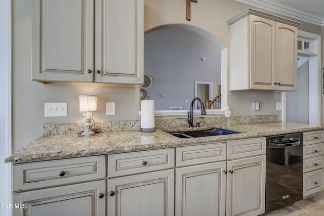 2909 Greenline Rd, Johnson City, TN 37604 - kitchen featuring dishwasher, a sink, arched walkways, light stone countertops, and crown molding