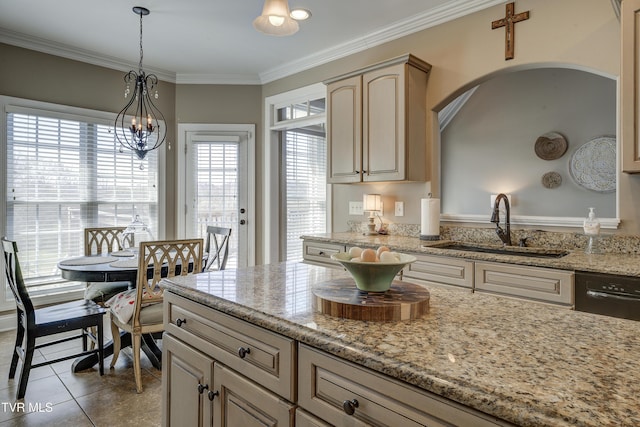 2909 Greenline Rd, Johnson City, TN 37604 - kitchen featuring a sink, arched walkways, light tile patterned flooring, ornamental molding, and pendant lighting