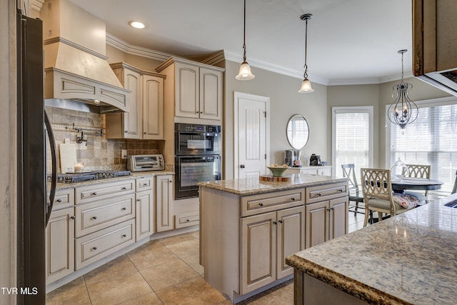 2909 Greenline Rd, Johnson City, TN 37604 - kitchen featuring a center island, backsplash, crown molding, custom range hood, and pendant lighting