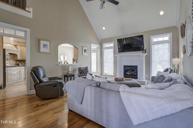 2909 Greenline Rd, Johnson City, TN 37604 - living area featuring ceiling fan, high vaulted ceiling, a fireplace with raised hearth, light wood-style floors, and arched walkways