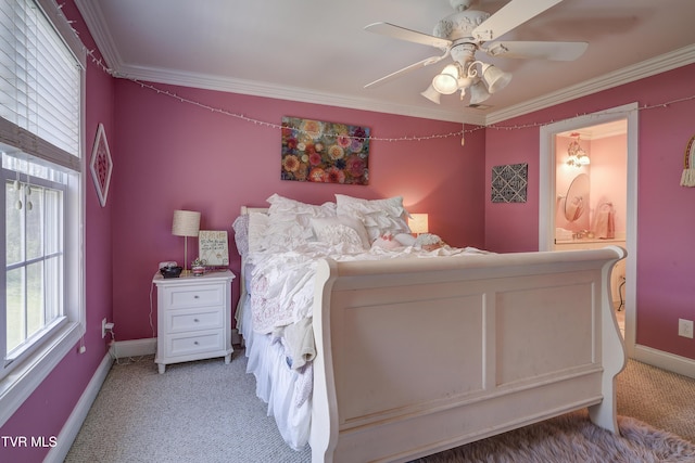 2909 Greenline Rd, Johnson City, TN 37604 - bedroom featuring light carpet, baseboards, crown molding, and ceiling fan