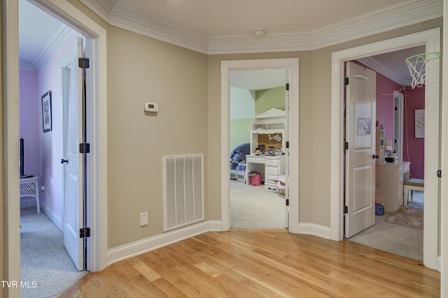 2909 Greenline Rd, Johnson City, TN 37604 - hall with light wood-style floors, crown molding, baseboards, and light carpet