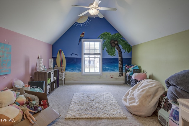 2909 Greenline Rd, Johnson City, TN 37604 - bedroom featuring carpet, vaulted ceiling, and a ceiling fan