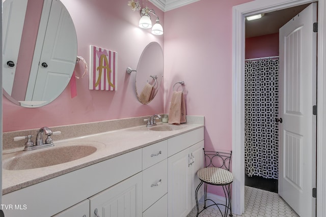 2909 Greenline Rd, Johnson City, TN 37604 - bathroom featuring double vanity, crown molding, and a shower with curtain