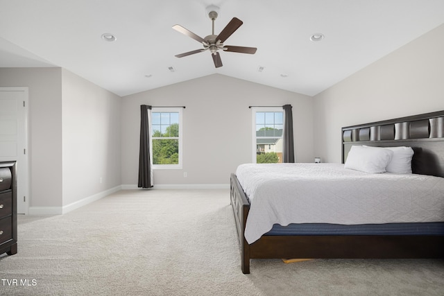 bedroom with lofted ceiling, light colored carpet, baseboards, ceiling fan, and recessed lighting
