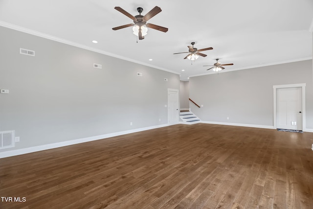 unfurnished living room with a ceiling fan, baseboards, wood finished floors, stairs, and recessed lighting