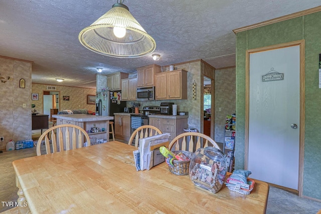 596 Devils Nose Rd, Rogersville, TN 37857 - dining space with a textured ceiling, wallpapered walls, and ornamental molding