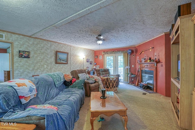 596 Devils Nose Rd, Rogersville, TN 37857 - carpeted living room with crown molding and a textured ceiling