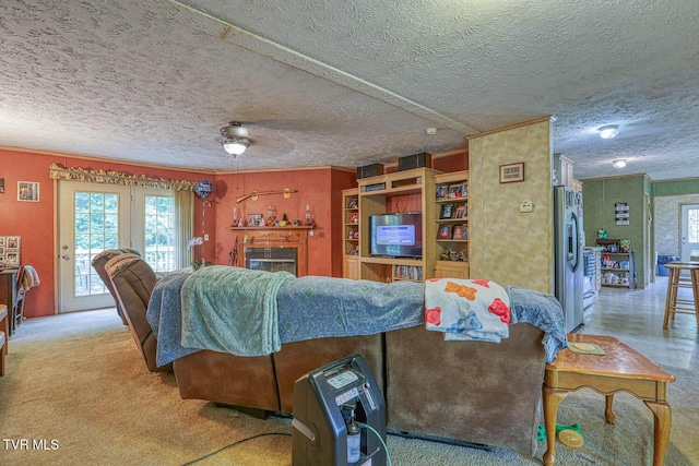 596 Devils Nose Rd, Rogersville, TN 37857 - carpeted living area with a textured ceiling, ornamental molding, and a fireplace