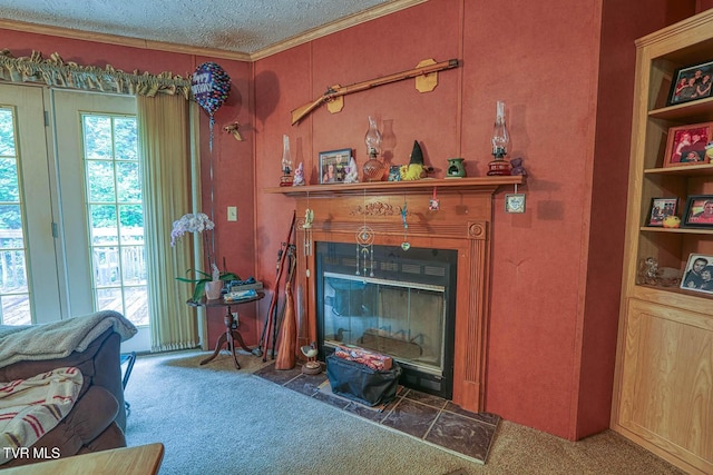 596 Devils Nose Rd, Rogersville, TN 37857 - living room with a glass covered fireplace, carpet floors, a textured ceiling, and crown molding