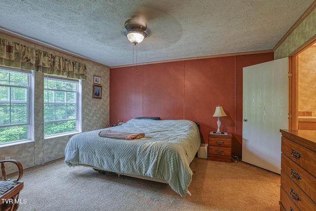 596 Devils Nose Rd, Rogersville, TN 37857 - bedroom with a textured ceiling, crown molding, light colored carpet, and a ceiling fan