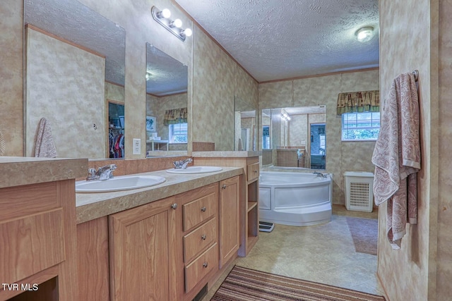 596 Devils Nose Rd, Rogersville, TN 37857 - full bathroom featuring a textured ceiling, healthy amount of natural light, a bath, crown molding, and double vanity