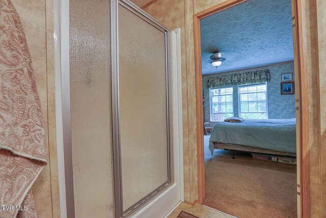 596 Devils Nose Rd, Rogersville, TN 37857 - bathroom with a textured ceiling and a shower with shower door
