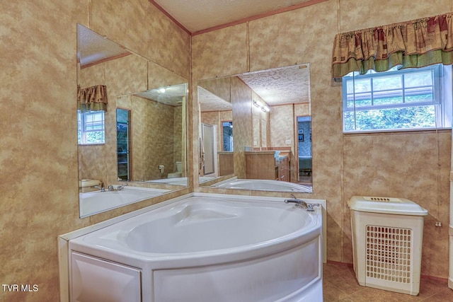 596 Devils Nose Rd, Rogersville, TN 37857 - full bath featuring toilet, a garden tub, ornamental molding, and tile patterned flooring