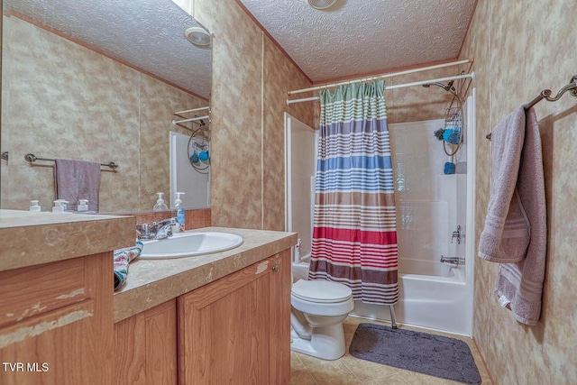 596 Devils Nose Rd, Rogersville, TN 37857 - bathroom featuring a textured ceiling, shower / bath combination with curtain, toilet, vanity, and tile patterned flooring