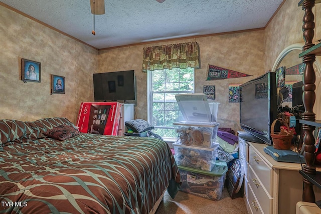 596 Devils Nose Rd, Rogersville, TN 37857 - bedroom featuring ornamental molding, carpet floors, a textured ceiling, and ceiling fan