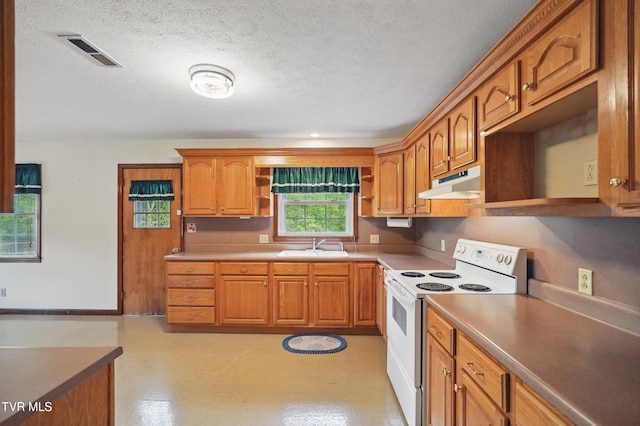 kitchen with white range with electric stovetop, under cabinet range hood, open shelves, a sink, and a textured ceiling