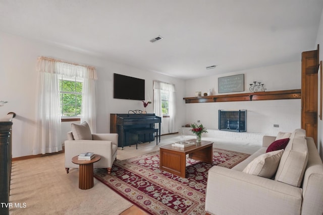 living room with a fireplace
