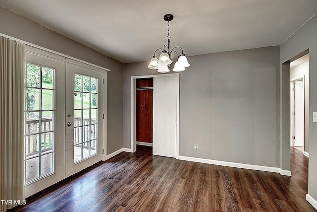 416 Ridgefields Rd, Kingsport, TN 37660 - unfurnished dining area featuring french doors, dark wood-style floors, a chandelier, and baseboards