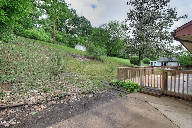 416 Ridgefields Rd, Kingsport, TN 37660 - view of green lawn with a shed, a deck, and an outdoor structure