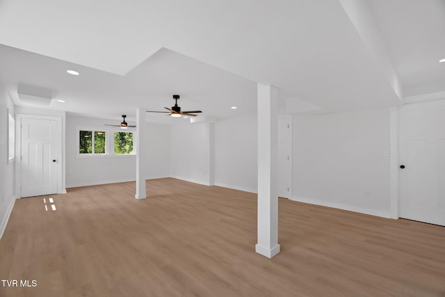 basement with light wood-type flooring, baseboards, recessed lighting, and ceiling fan