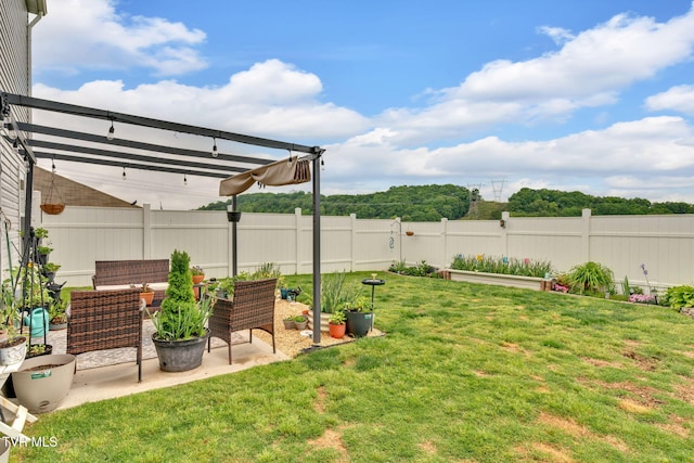 view of yard featuring a patio area, a garden, and a pergola