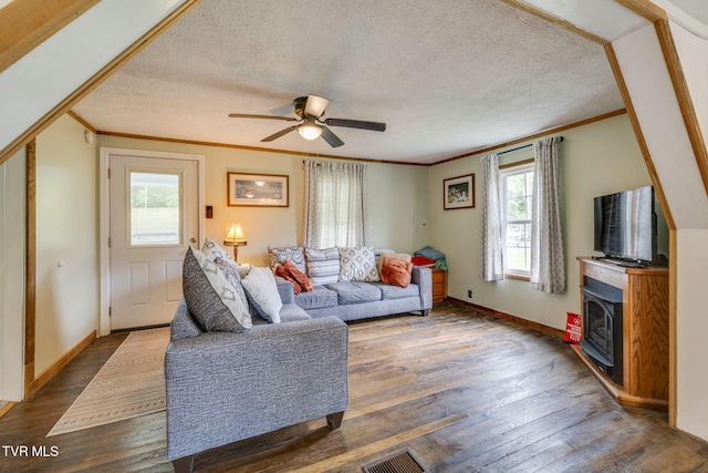 894 Mountain View Rd, Rogersville, TN 37857 - living area with ornamental molding, dark wood-type flooring, ceiling fan, a textured ceiling, and baseboards