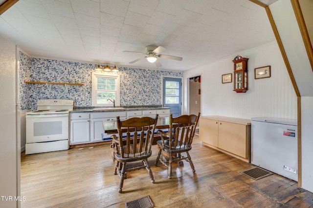 894 Mountain View Rd, Rogersville, TN 37857 - dining space featuring ceiling fan, light wood-style flooring, wallpapered walls, and crown molding