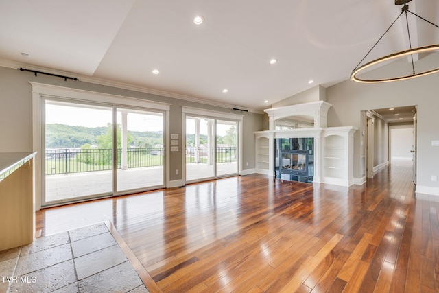 20484 Lake Rd, Abingdon, VA 24211 - unfurnished living room featuring ornamental molding, baseboards, light wood-type flooring, recessed lighting, and a fireplace