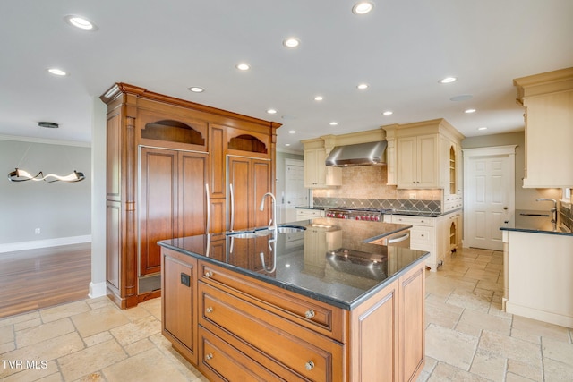 20484 Lake Rd, Abingdon, VA 24211 - kitchen featuring wall chimney range hood, open shelves, a sink, stone tile floors, and ornamental molding