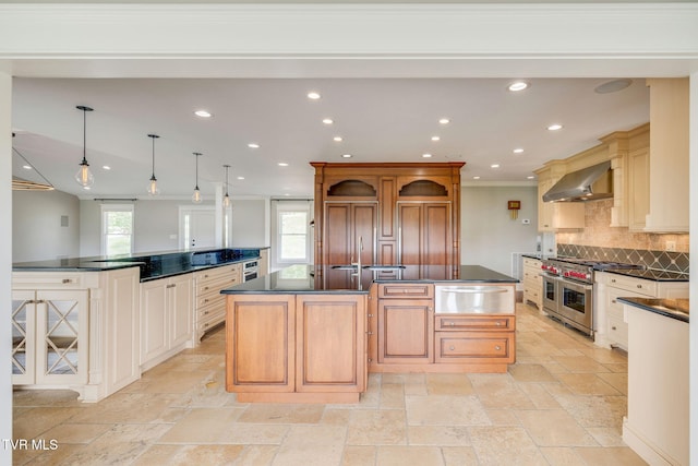 20484 Lake Rd, Abingdon, VA 24211 - kitchen with range with two ovens, wall chimney range hood, a warming drawer, a large island, and dark countertops